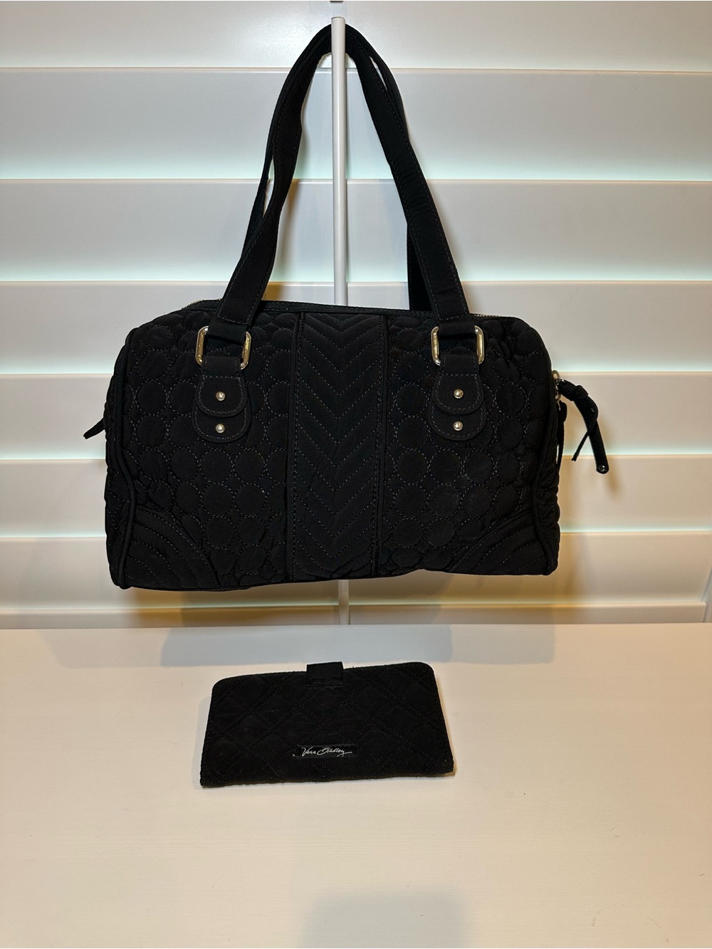 Vera Bradley Vintage Black Quilted Barrel Shoulder Bag with Matching Wallet